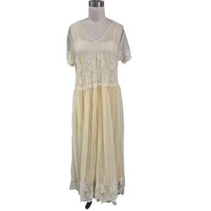 90s April Cornell Hopeless Romantic Boho Creamy Maxi Dress Sheer Mesh Overlay M